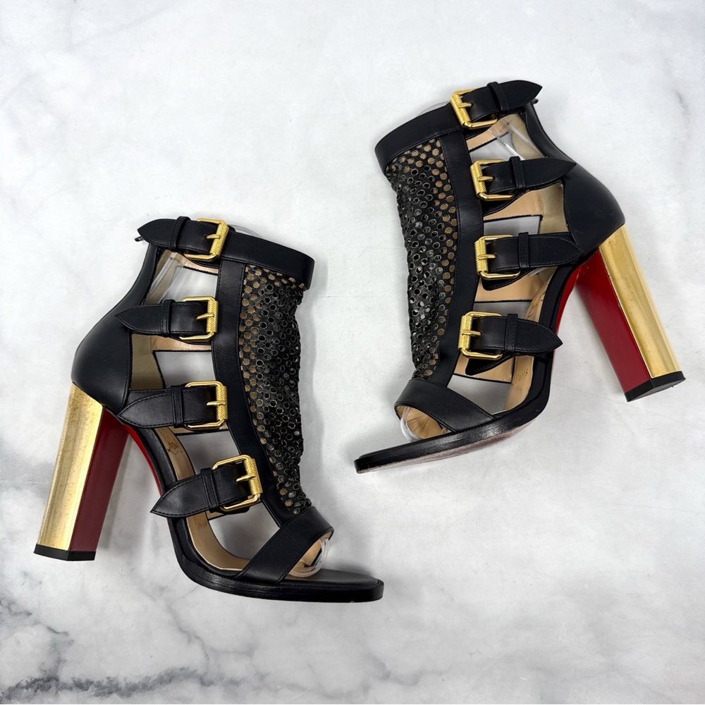Christian Louboutin Fencing 100 Leather Gladiator Buckle Block Heel Bootie Black